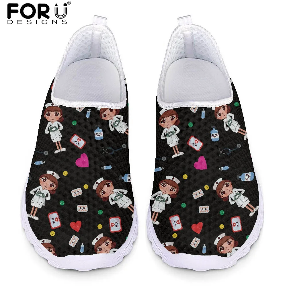 

FORUDESIGNS Light Weight Flats Nurse Shoes Women Hospital Medical Heart Dentist Print Mesh Slip-on Sneakers Ladies Beach Loafers