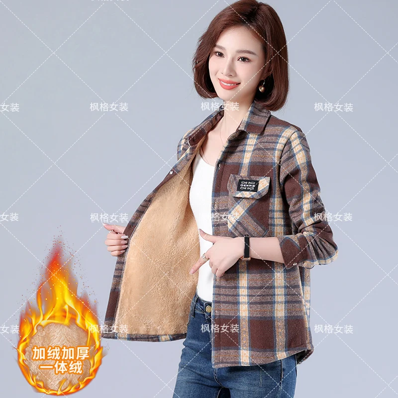 

Fleece-lined Thickened Warm Plaid Shirt Jacket Korean Style Casual Loose Cotton-padded Coat