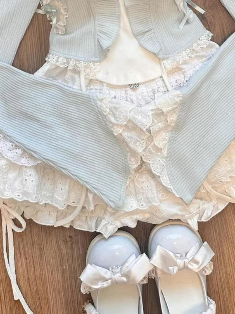 Милый комплект из 3-х предметов для женщин Harajuku кардиган с рюшами + кружевной