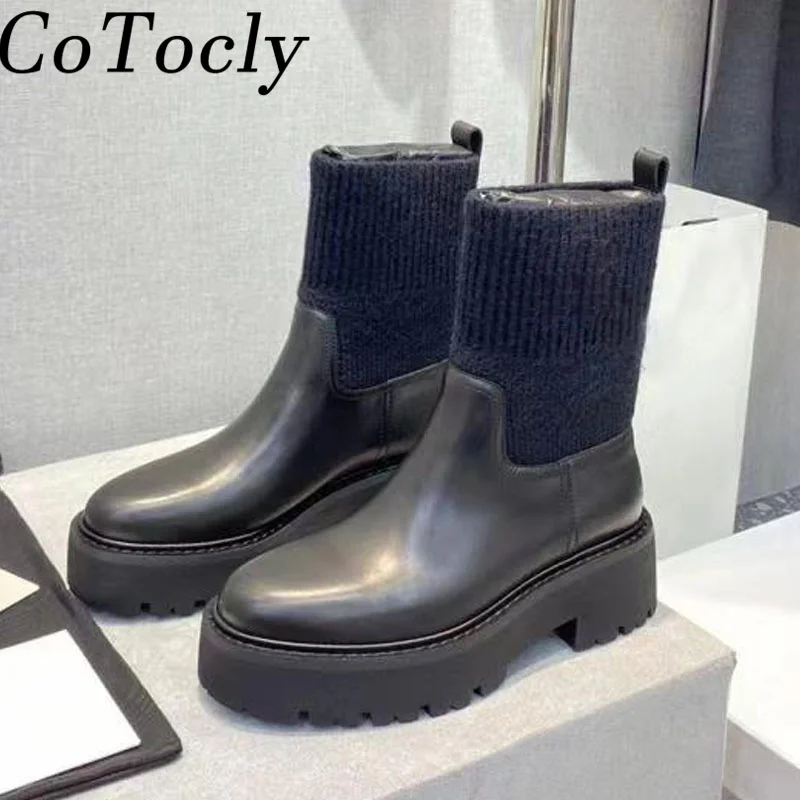 

New Motorcycle Boots Women Round Toe Short Boot Casual Flat Shoes Leather Patchwork Knit Boots Thick Sole Knight Boots Woman