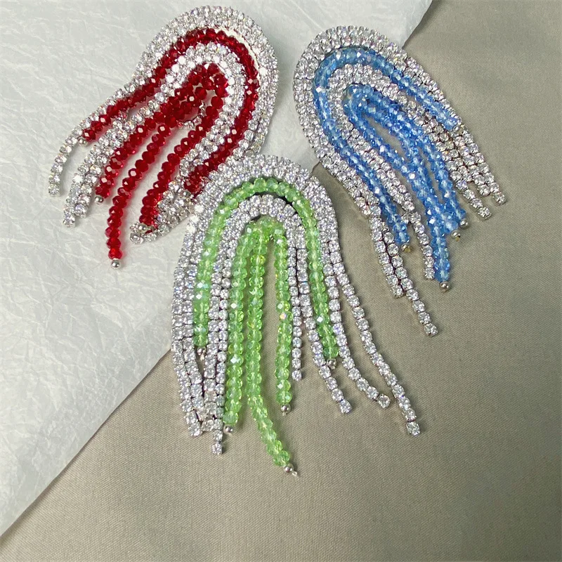 

Korean Fashion Statement Earring Long Full Rhinestone Big Earrings for Women Shining Tassel Dangle Wedding Indian Jewelry Gifts