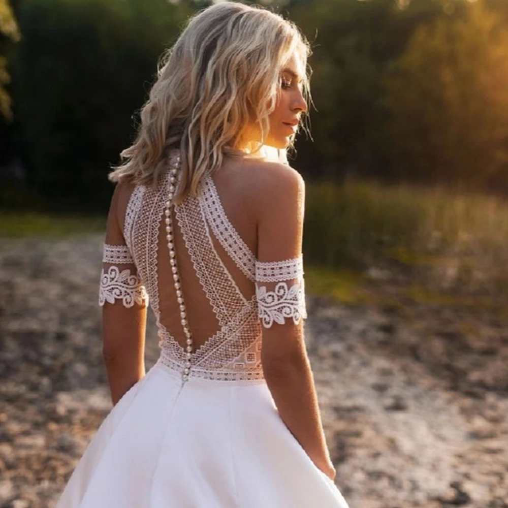 

Short Sleeve A-Line Wedding Dresses for Women Bride Boho Lace Appliques Button Back O-Neck Custom Made Vestidos De Novia