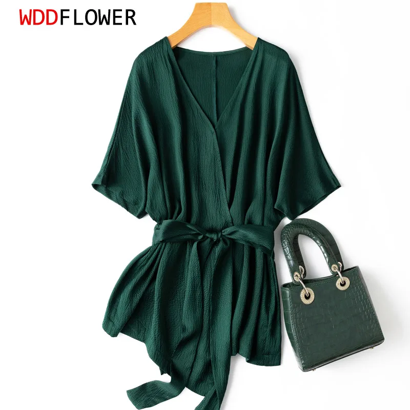 

Women 93% Mulberry Silk 7% Spandex Vintage Top Shirt Agate Green Color Blouse V Neck short sleeves belted waist M L XL MM564