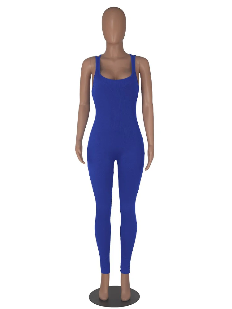 Sexy Scoop Neck Sleeveless One Piece Jumpsuit Street Solid Sport Workout Outfits Casual Women Criss Cross Backless Sport Romper