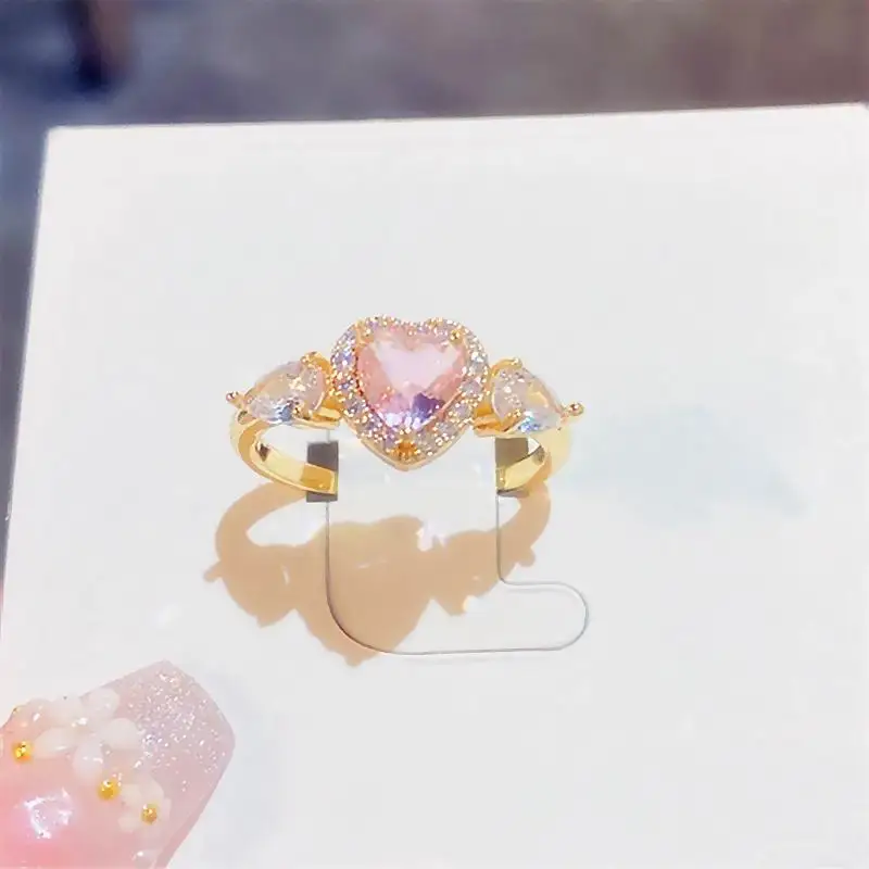 

High Grade Pink Love Heart Zirconia Rings For Women 2022 New Micro Pave Open Ring Jewelry Wholesale