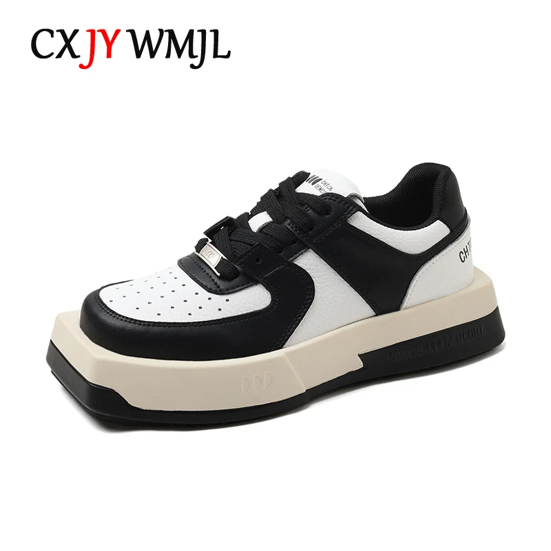 

CXJYWMJL Genuine Leather Women Skate Shoes Spring Casual Vulcanized Shoes Ladies Thick Bottom Small White Sneakers Autumn Flats