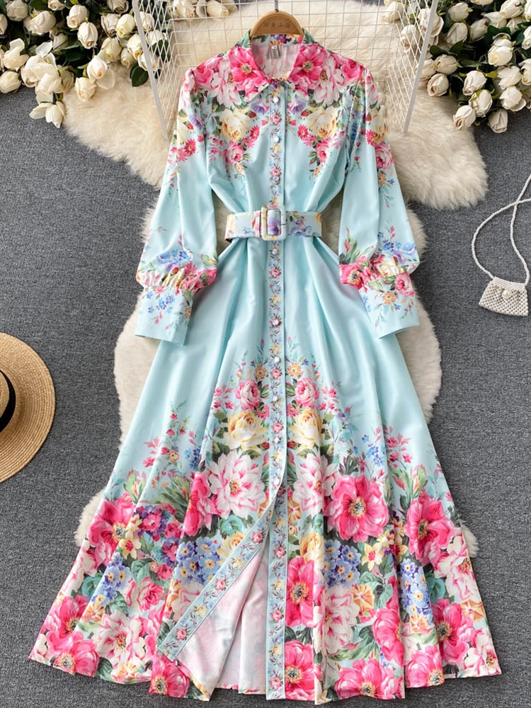 

Merchall 2022 Spring Summer Holiday Floral Print Slim Dress for Women Long Lantern Sleeve Single Breasted Party Vestidos M6890