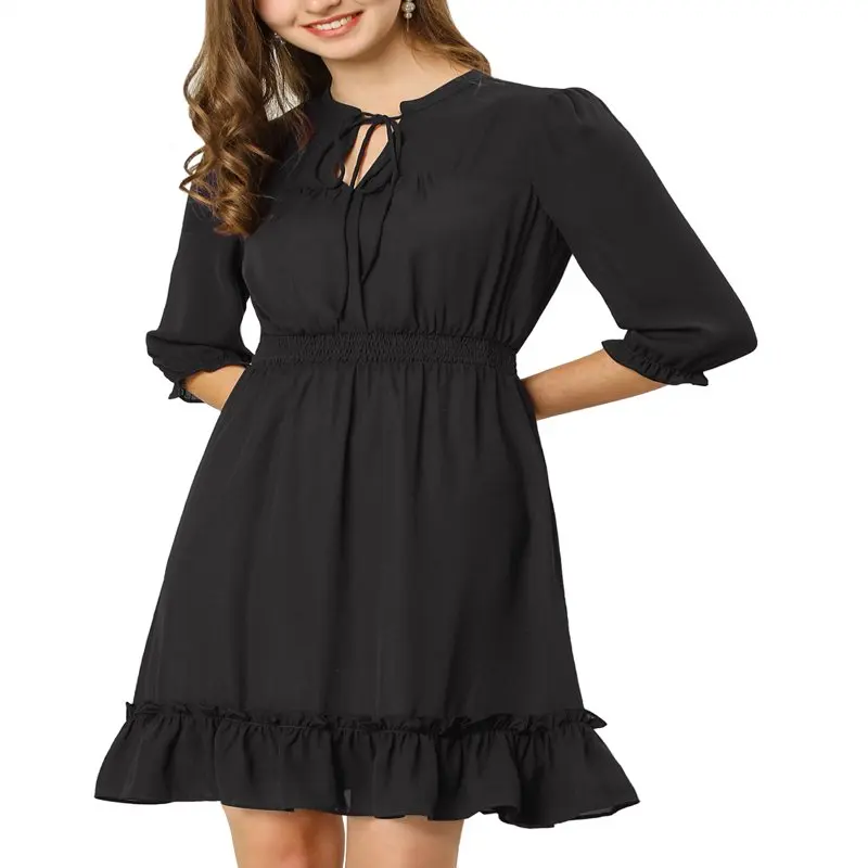 

2023 NEW Women`s Layered Ruffle Hem 3/4 Sleeves Smocked A-Line Chiffon Dress