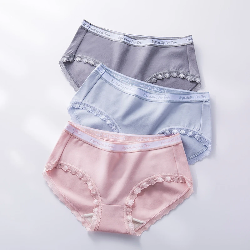 

Women's Japanese System Lace Trim Underpants Minimalistic Comfortable Female Underpants Cotton Shorts Panties Mid Waist Briefs
