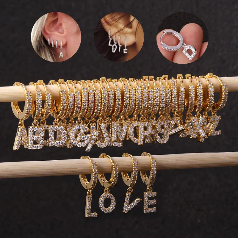 

5Pair Zircon Letter Women Dangle Earrings Korean Fashion Jewelry Ear Cuff Stainless Steel Hoop Earrings for Teens Free Shipping