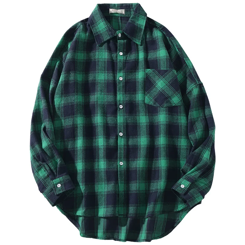 

2022 Spring Autumn Long Sleeves New Flannel Collar Korea Style Green Red Shirt For Men's Plaid Harajuku Clothing