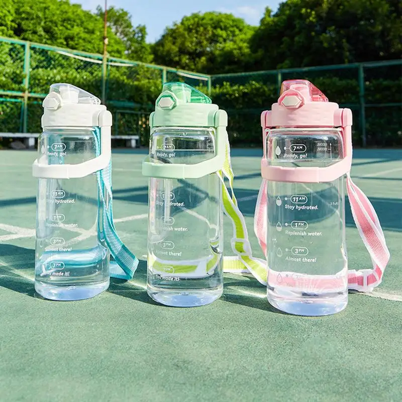 

Спортивная бутылка для воды, бутылка для подростков большой емкости с маркером времени и соломинкой, Прочные Легкие Подвесные питьевые при...