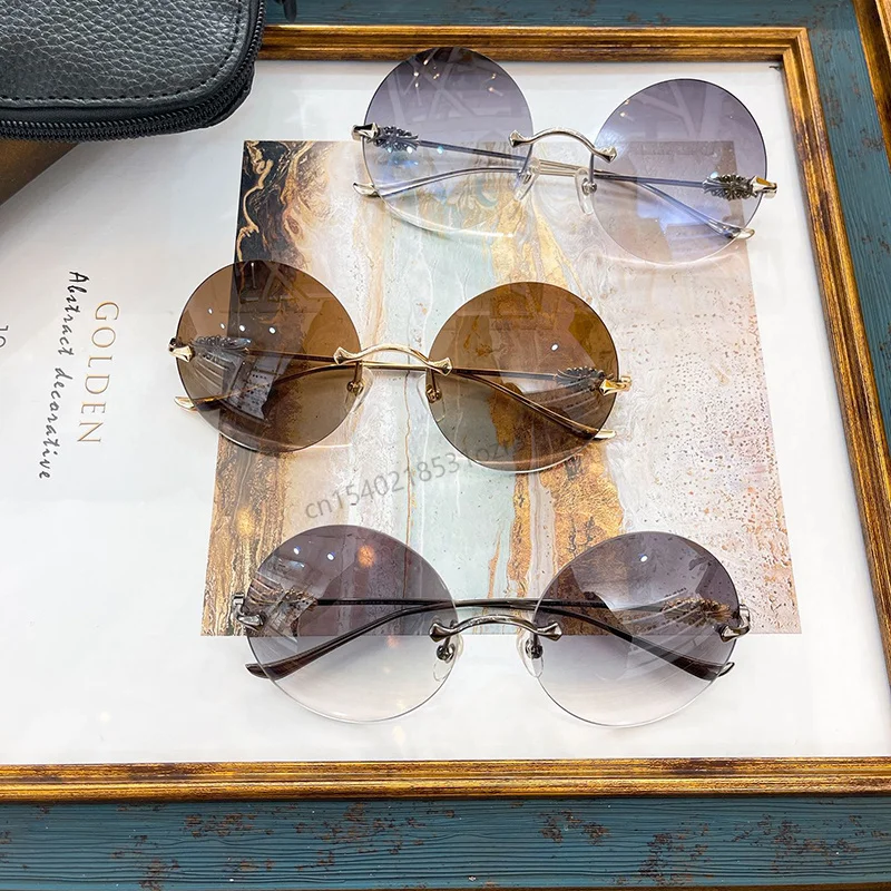 

Round Sunglasses Women Brand Designer Gradient Marine Lenses Fashion Sun Glasses Female Rimless alloy Temples Oculos De Sol