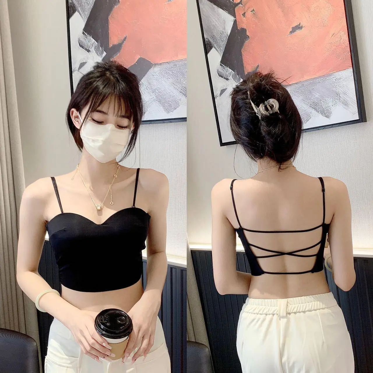 

Summer Ice Silk Beauty Back Cross Camisole With Chest Pads Integrated Cup No Marks Inside Wear Bandeau Women's Underwear
