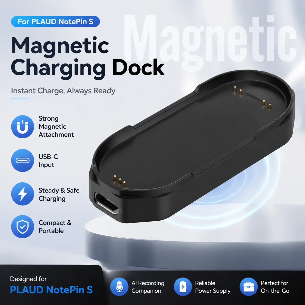 Фото Зарядная база USB-C для диктофона PLAUD NotePin AI, компактная станция быстрой зарядки, элегантный дизайн, зарядная док-станция. №2
