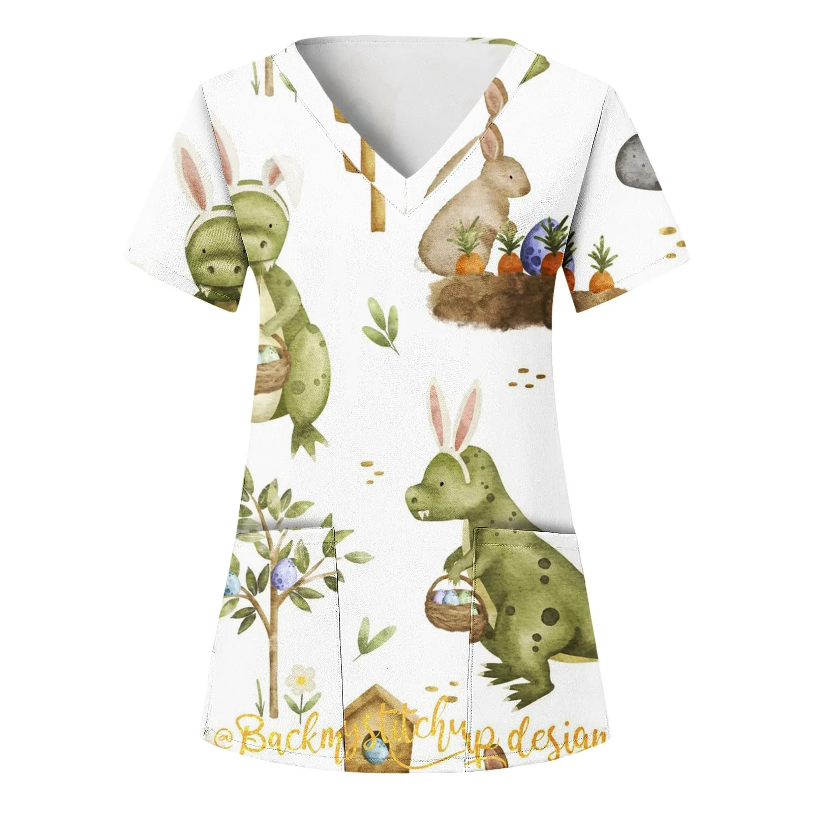 

Workwear Medical Nurse Uniform Women Easter Day Cartoon Print Short Sleeve Working Blouse Work Shirts Overalls Nurse Uniforms