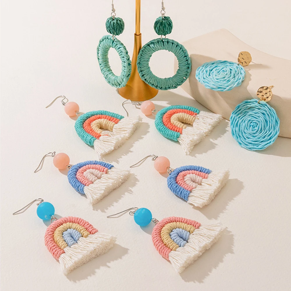 

Bohemia Rainbow Tassel Earrings Holiday Ins Design Korean Female Ear Hooks Earrings Gift Handmade Earrings Cotton Earrings