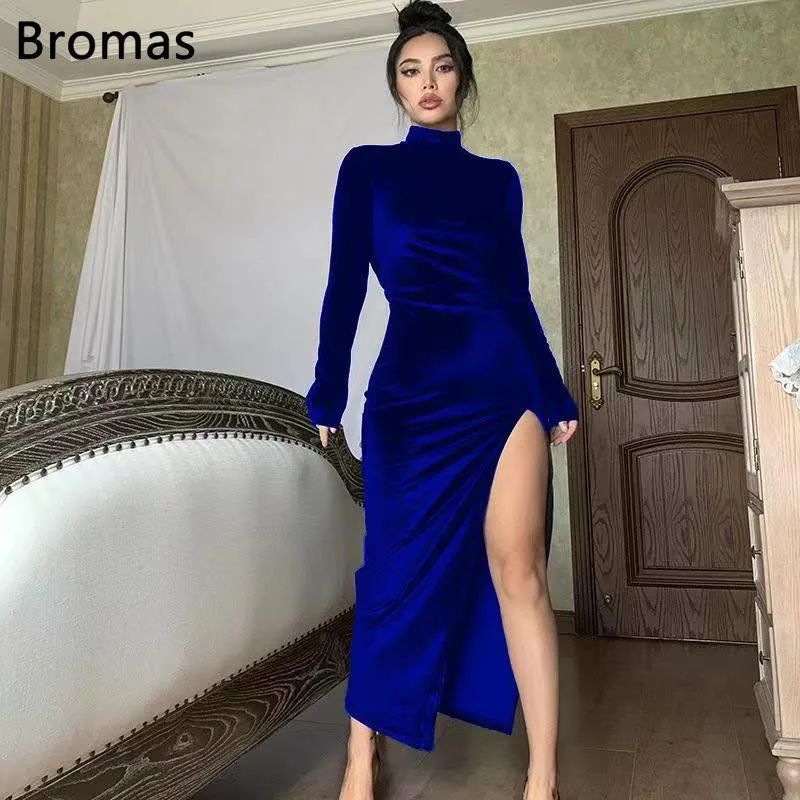 

Модное Элегантное клубвечерние вечернее платье, зимнее женское бархатное однотонное длинное облегающее платье с высоким воротником и длин...