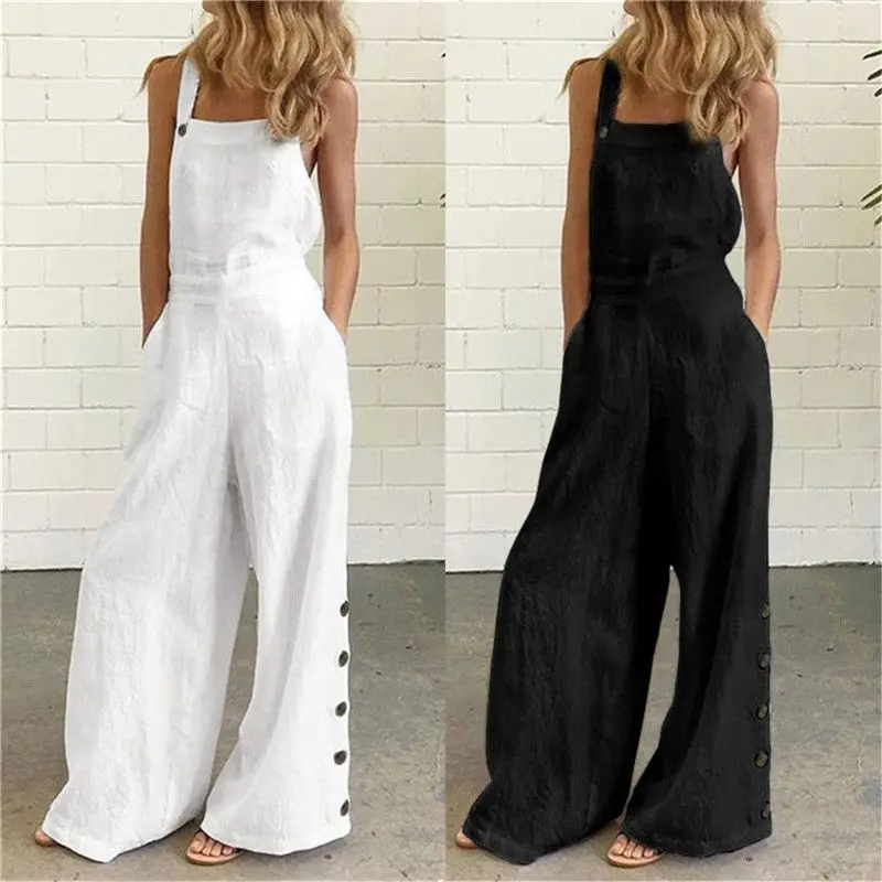 

2022 Solid Women Overalls Jumpsuit Button Casual Jumpsuits Sleeveless Wide Leg Bib