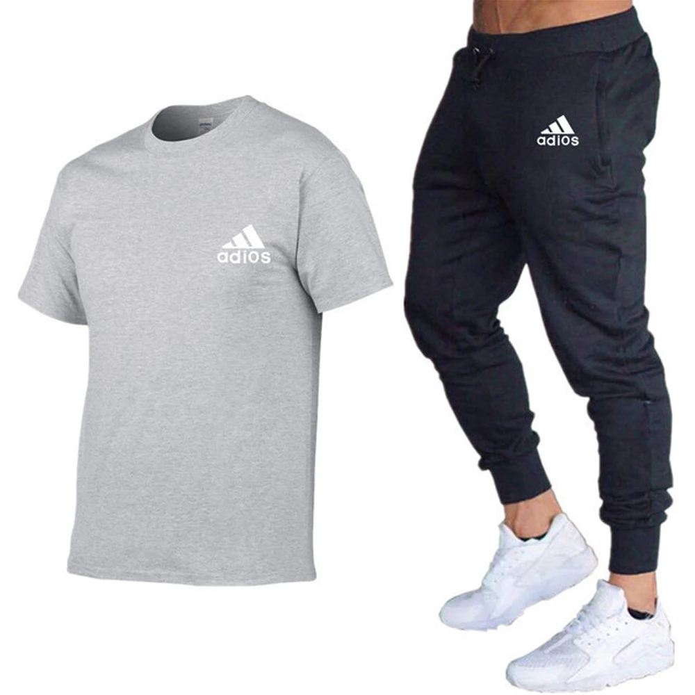 Men's Tracksuit Man Casual Fitness Short Sleeve Sport Pants Suit Cotton T-Shirt+Trousers Two Pieces Sets High-quality Sportswear