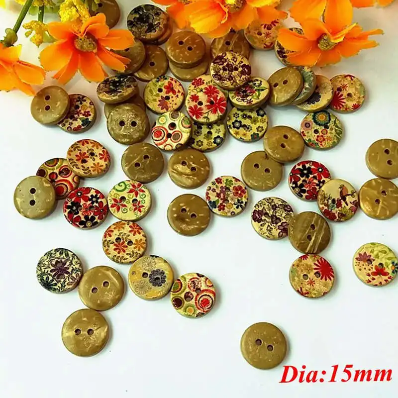 

50pcs/pack Coconut Buttons Bulk Sewing Accessories Pattern Printed Black 15mm Scrapbooking Accessories Supplies