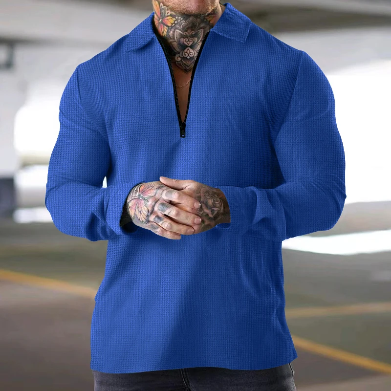 

Summer New Fashion Men's Large V-Neck Solid Casual Top Zipper Waffle Long Sleeve Outdoor Fitness Sports Polo Shirt T-shirt