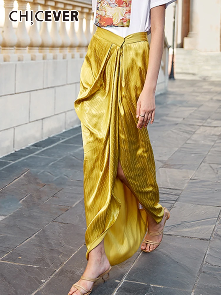 

CHICEVER богемные однотонные юбки для женщин с высокой талией со складками Асимметричная полосатая Минималистичная юбка женская летняя повседневная одежда