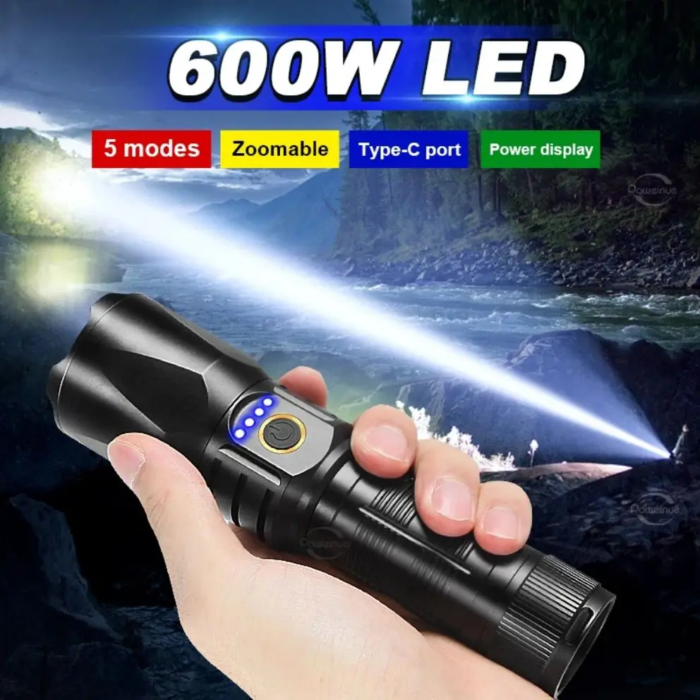 

Мощный светодиодный перезаряжаемый фонарик мощностью 600 Вт, дальность действия 1500 м, портативный фонарь XHP220 с бусинами, 5 режимов освещения, масштабируемый фонарь для кемпинга 8800000LM