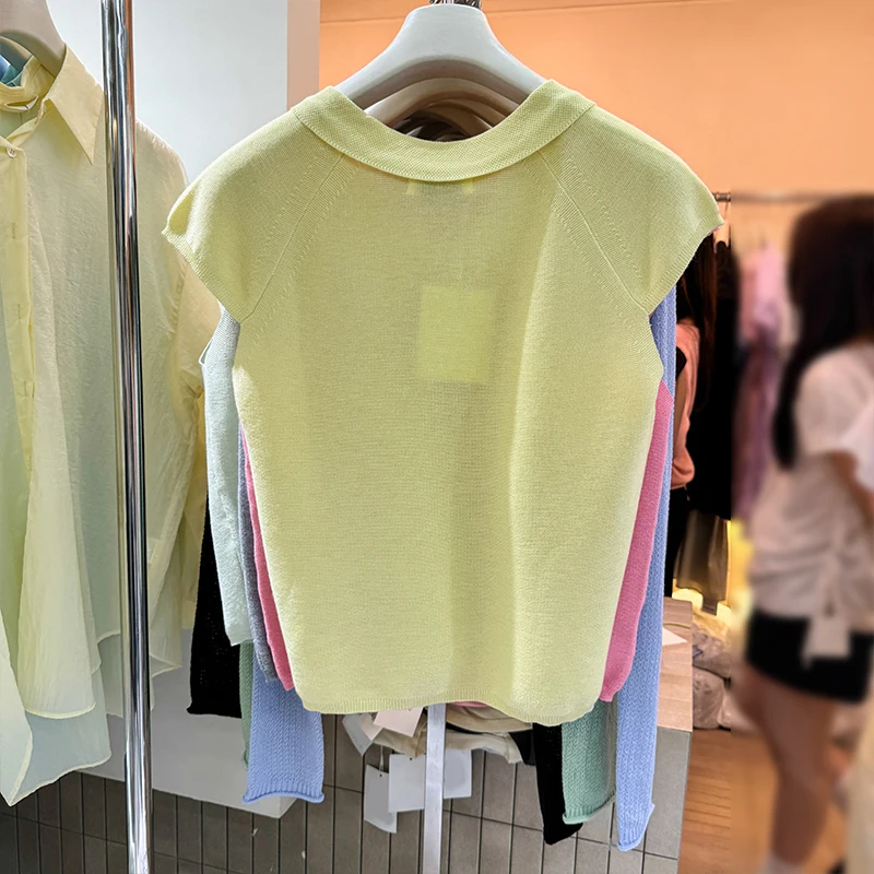 Thirteen Lines Summer New Korean Sle Lapel Pullover Half Sleeve T-shirt Loose Thin Dark Blue Casual Vest Top