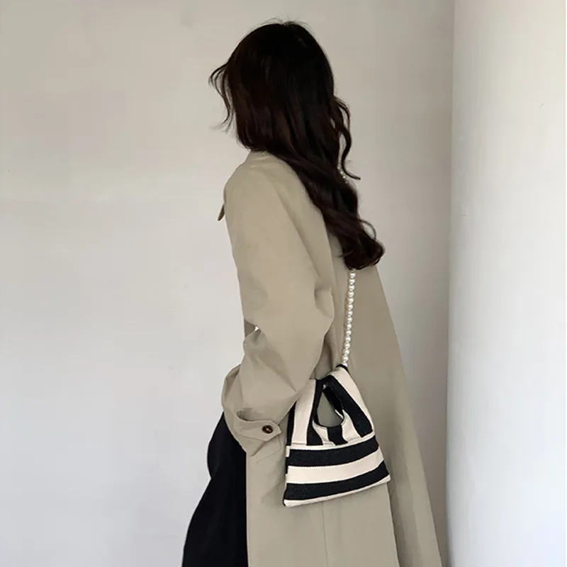Pearl Chain Striped Canvas Handbag All-match One-shoulder Diagonal Mini Bag Underarm Bag Female Casual Handbag bolsa feminina
