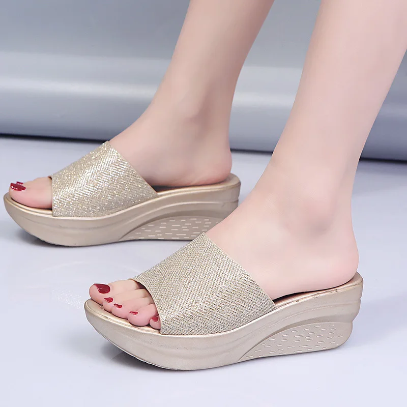 

Foreign trade slippers women sequins 2022 summer new Rome thick bottom slope heel flat slippers women simple sandals women