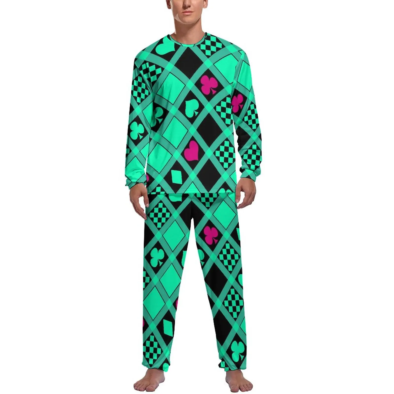 

Casino Playing Cards Pajamas Winter Green Hearts Print Aesthetic Nightwear Men 2 Pieces Pattern Long Sleeve Warm Pajamas Set