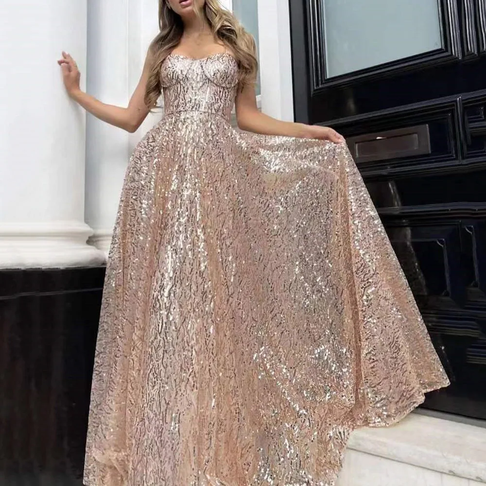 

Woman 2023 New Champagne Sequin Sexy A-Line Formal Occasion Evening Dresses Gown For Wedding Party Elegant Ladies Prom Skirt