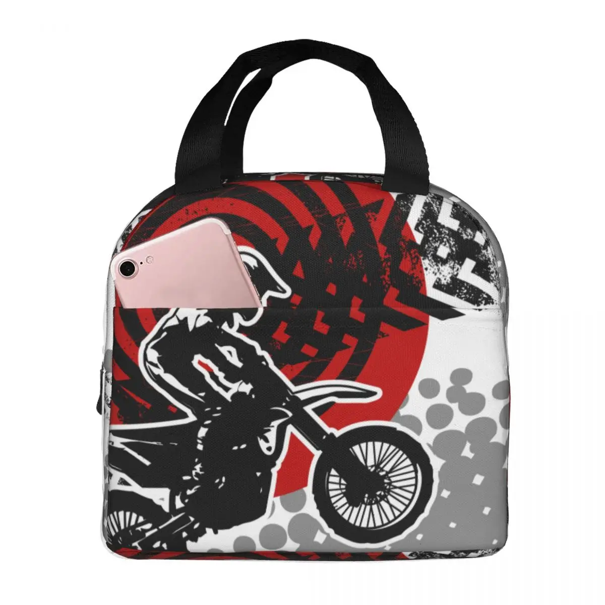 

Motocross Rider Dirt Bike With Tire Marks Portable Insulated Thermal Cooler Bento Lunch Box Tote Picnic Storage Bag Pouch