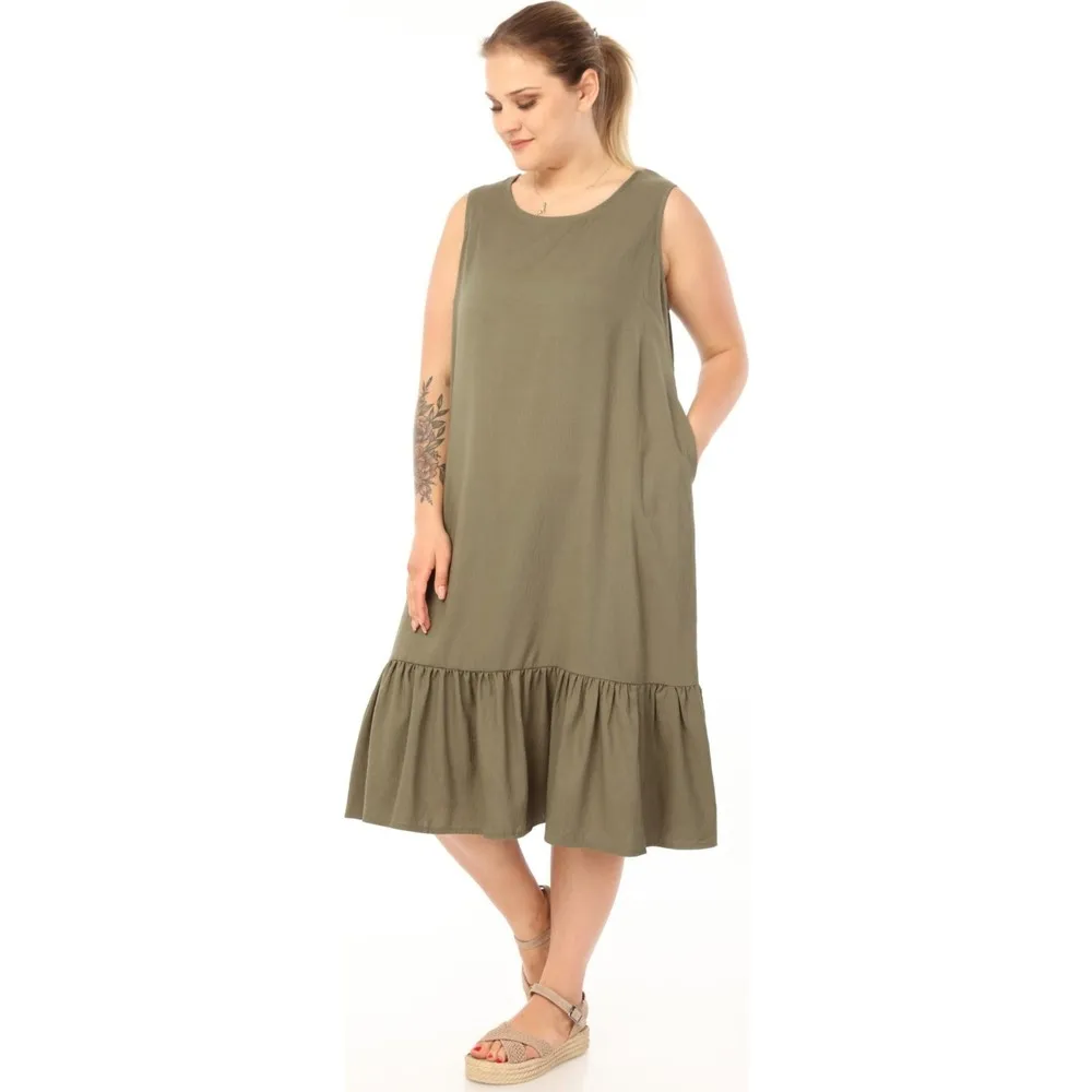 

Dorlie Large Size Dress Sleeveless Khaki Viscose Daily Casual ANNA15