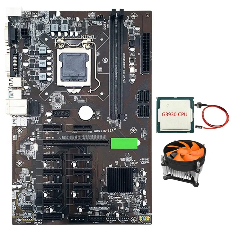 

B250 BTC Mining Motherboard LGA 1151 With G3930 CPU+Cooling Fan +Switch Cable SATA 3.0 USB 3.0 Supports DDR4 DIMM RAM