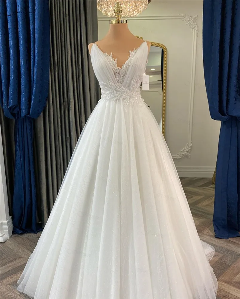 

Princess Wedding Dresses For Bride 2023 Beads Flowers Glitter Sequins Bridal Gowns A Line V Neck Pleats Tulle Vestidos De Novia