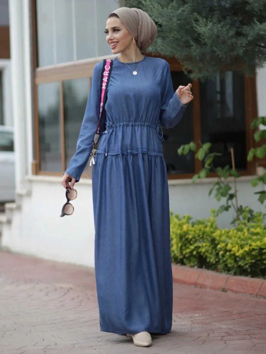 

Muslim Robe For Women Round Neck Long Sleeve Waist Elastic Drawstring Denim Long Dresses Casual Turkey Arab Islam Kaftan Gown