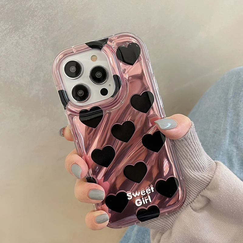 

Sweet Girl Black Love Heart Fold Wave Shockproof Case For iPhone 13 11 12 14 Pro Max Soft Silicone Bumper Back Cover