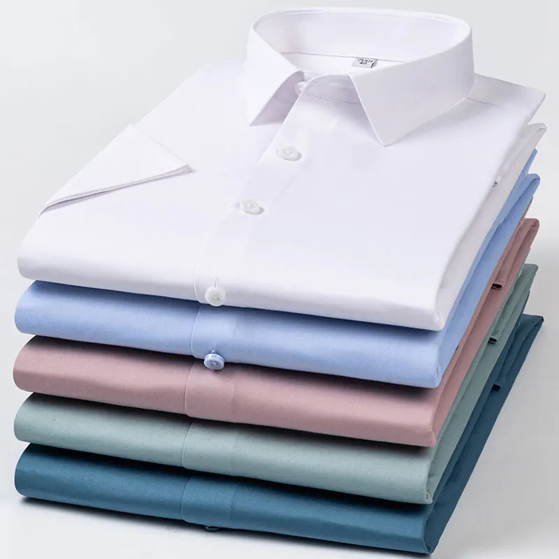 Bamboo Fiber Soft Cozy No Pockets Thin Solid Color Casual Business Formal Short-sleeved Shirt Men Slim Fit Non-iron Work Shirt