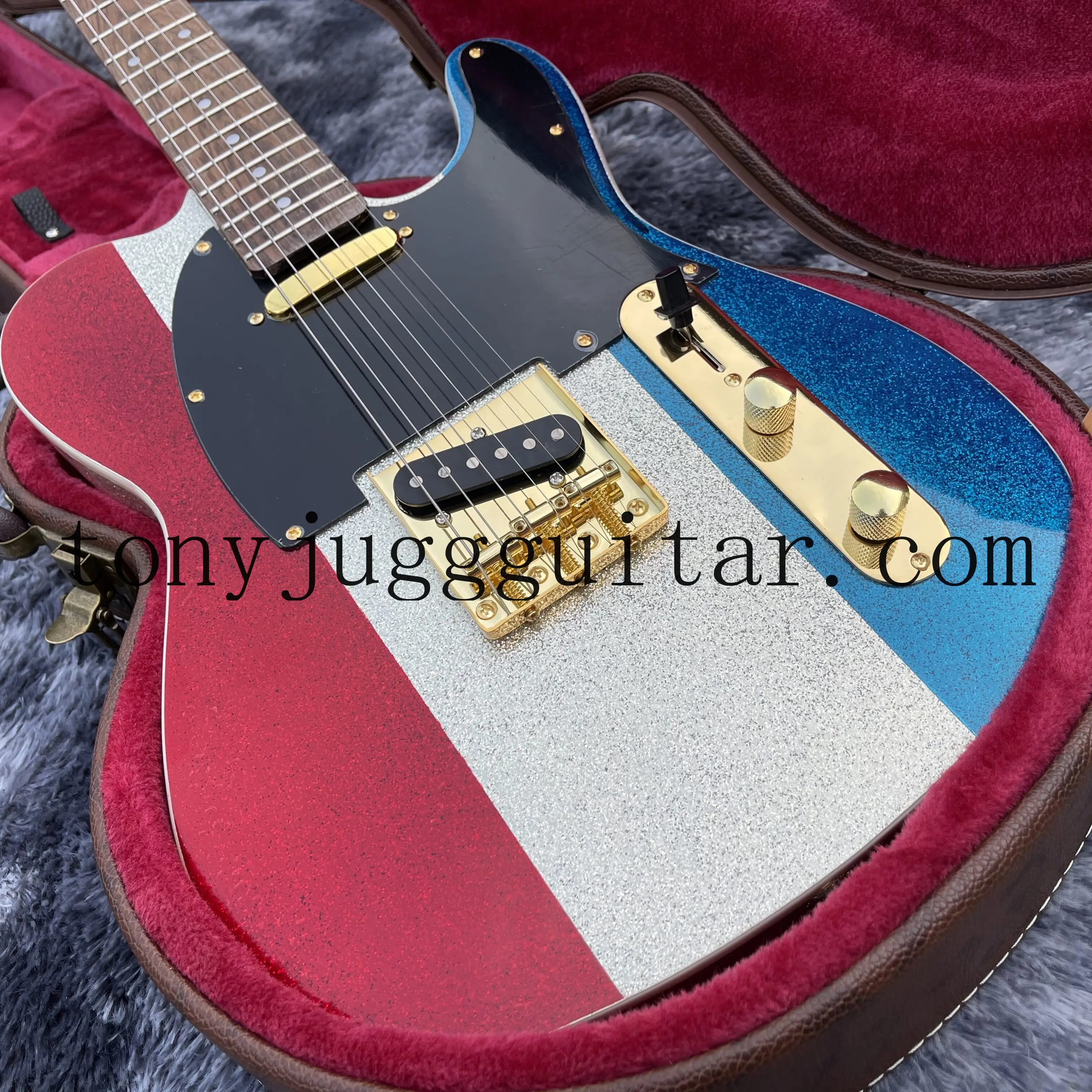 

Custom Owen Bucks Mosri Hallmark Red White Blue Electric Guitar Bigs Tremolo Bridge, Black P90 Pickups, Vintage Tuners