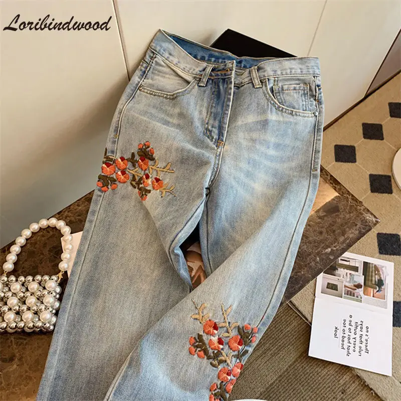 

Винтажные джинсы с цветочной вышивкой для женщин 2022 Весенние новые универсальные модные мешковатые прямые брюки джинсы с широкими штанинами