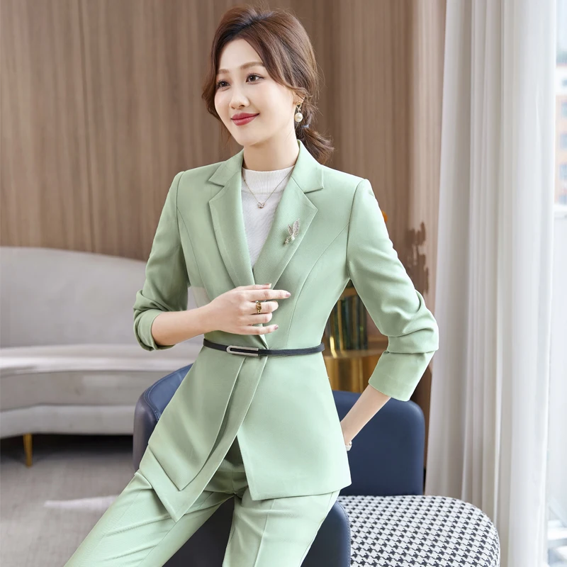 Elegant Women Formal Pant Sets 2023 New in Jacket Blazer with Belt +Pant Suit Office Lady Work Wear Business Female 2 Pieces Set