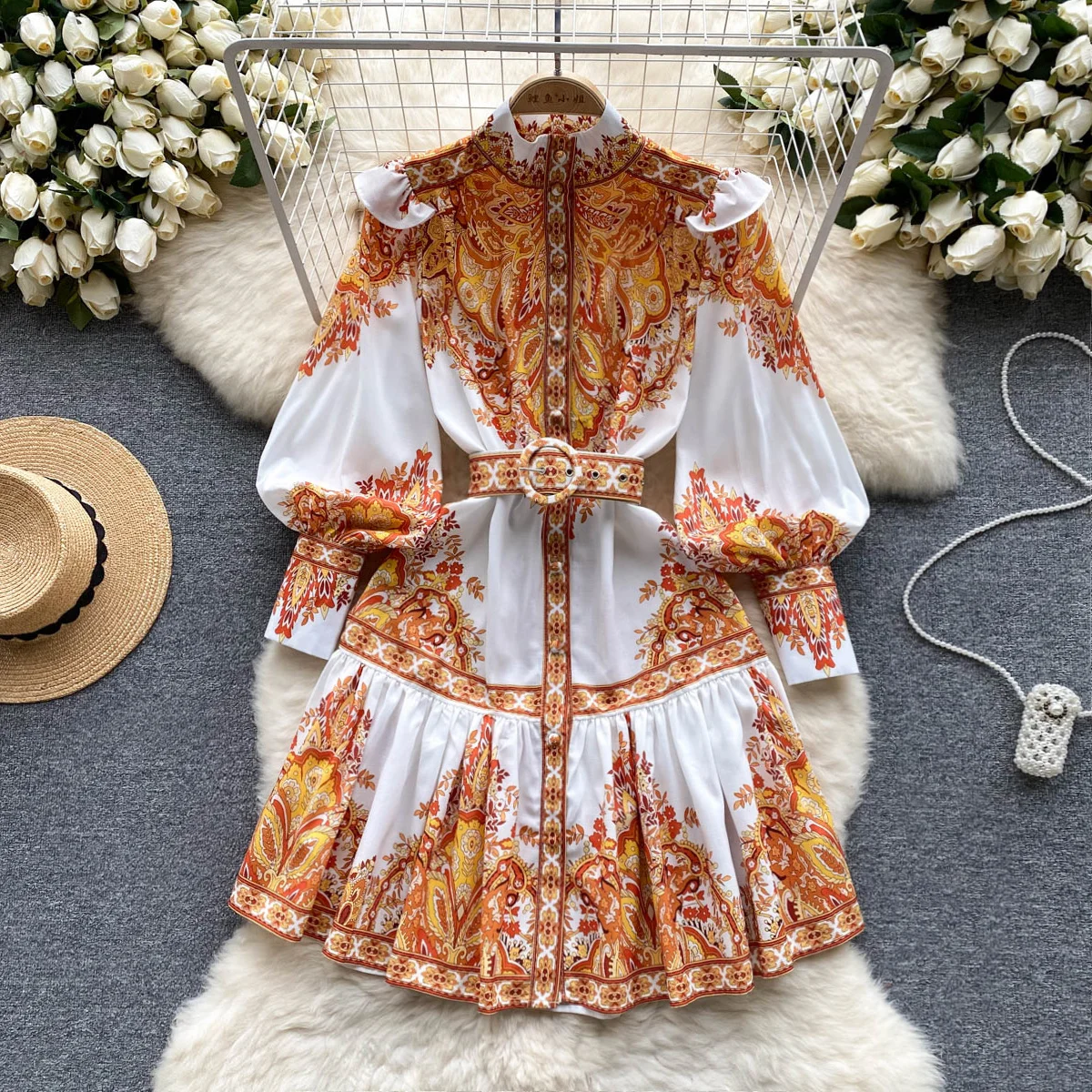

Foamlina Retro Style Floral Print Lantern Sleeve Women Dress 2023 Spring Summer Stand Collar Single Breasted A Line Short Dress