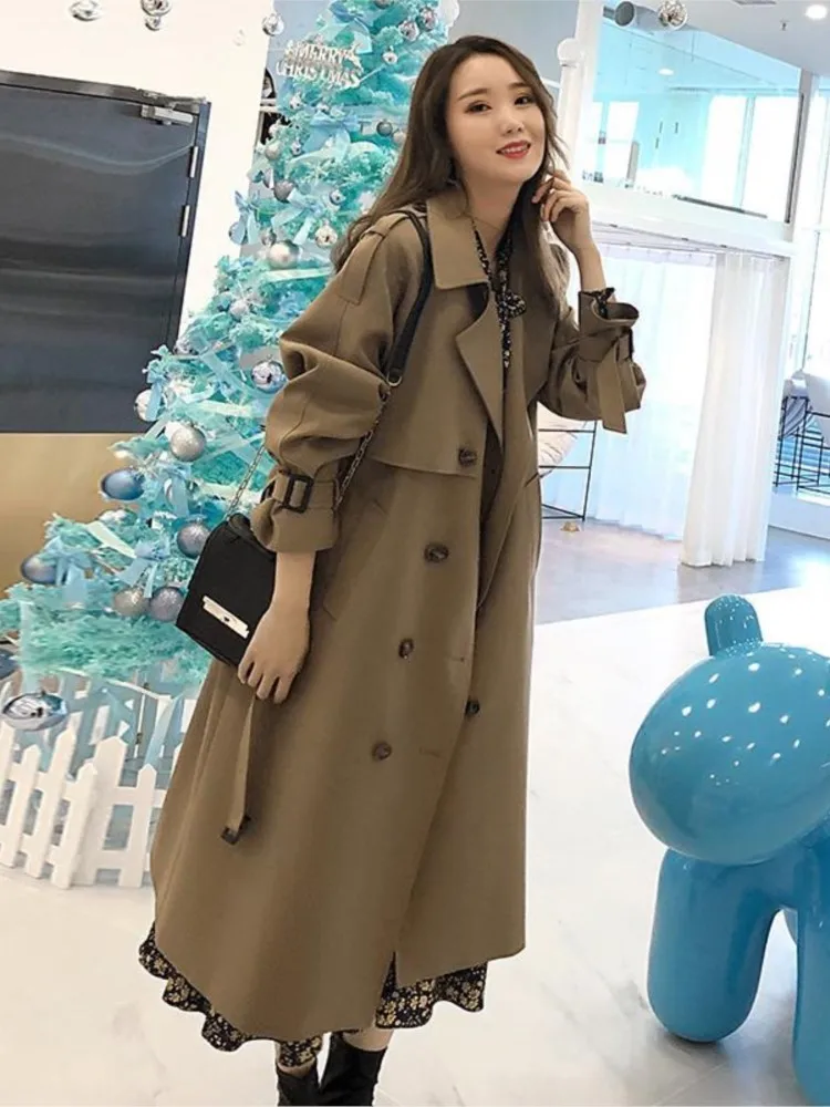 

Autumn Winter Women Casual Solid Color Coat Korean Office Warm Elegant Belted Vintage Overcoats Windbreaker Top Plus Size Jacket