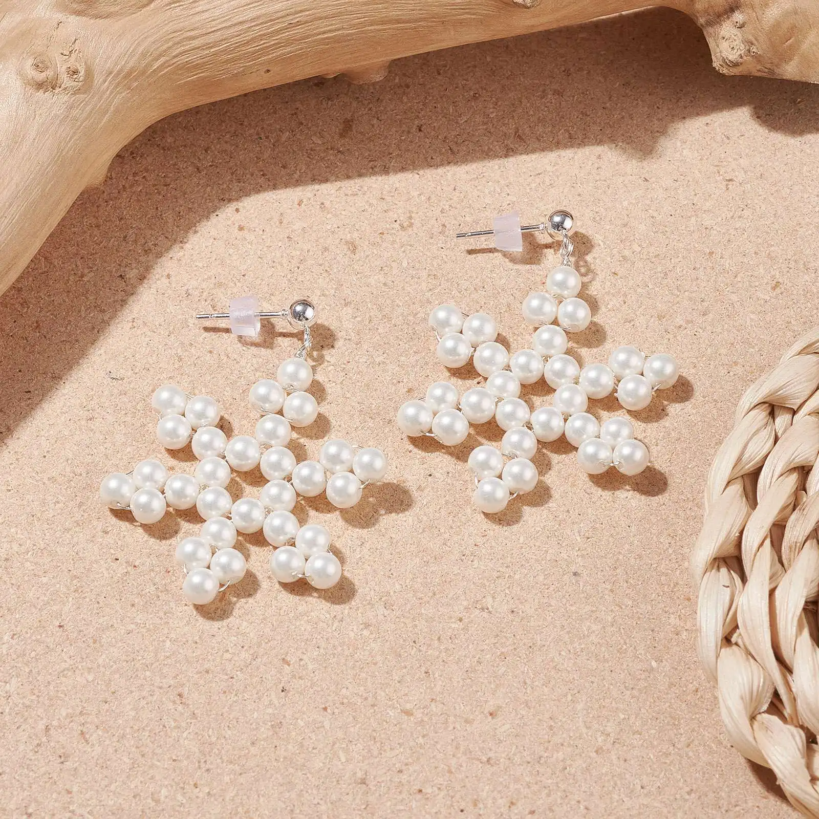Kissitty 10Pairs White Shell Pearl Braided Snowflake Dangle Stud Earring Stainless Steel Christmas Jewelry for Women Gift