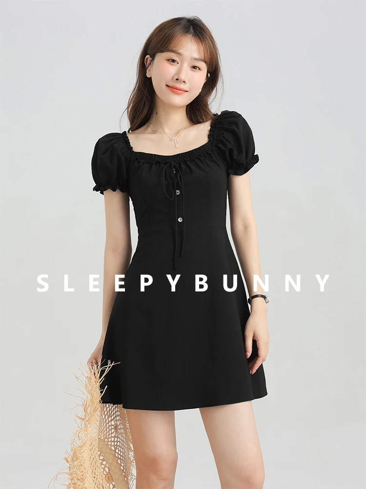 Женское весеннее синее платье с пышными рукавами милое мини-платье