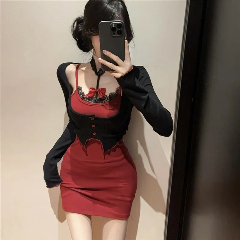 Фото Женское мини-платье контрастного цвета из двух предметов Spicy Girl, новое весеннее облегающее короткое платье с длинными рукавами, кружевное платье-карандаш с колье №3