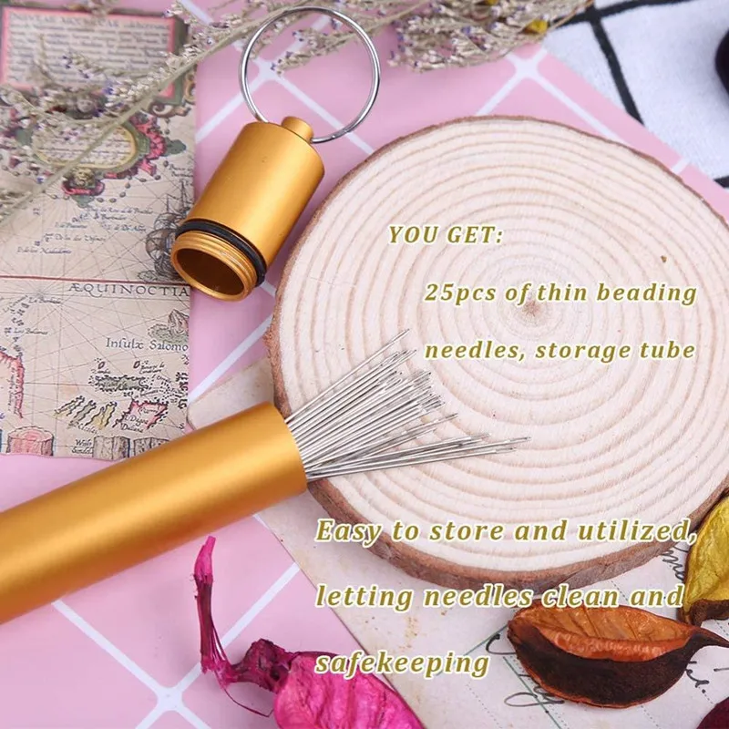 MIUSIE 25 шт. 4 см Бисерные иглы прямые нити с золотой наперсток и трубой для хранения шитья.
