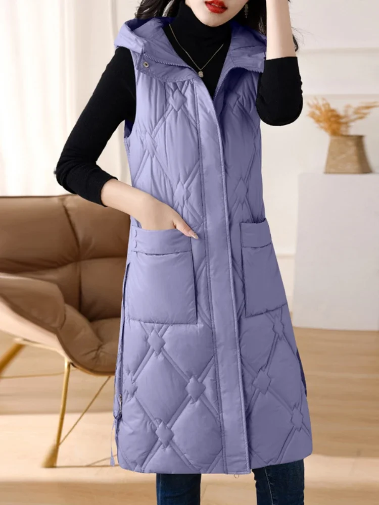 

Fitaylor/новое осенне-зимнее толстое теплое длинное хлопковое пальто без рукавов для женщин, модное однотонное пальто на молнии с капюшоном и карманами